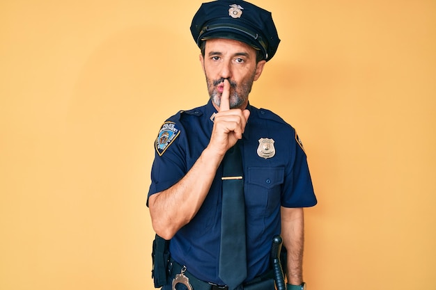 Middle age hispanic man wearing police uniform asking to be quiet with finger on lips silence and secret concept
