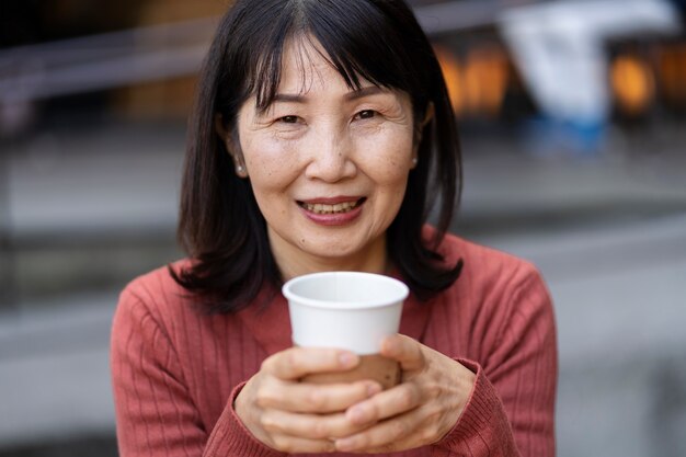 Middle age woman smiling and having a good time