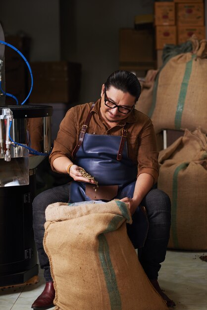 Middle-aged Asian man in apron sitting and checking coffee beans from large burlap sack