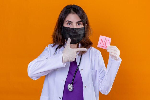 middle aged doctor wearing white coat in black protective facial mask and with stethoscope holding reminder paper with no word pointing with finger