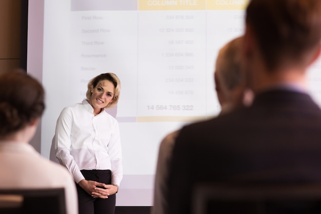 Free photo middle-aged female expert talking to audience