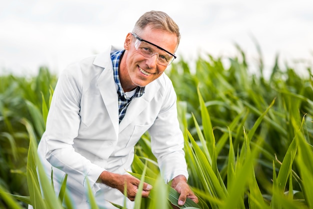 Middle view man in a cornfield