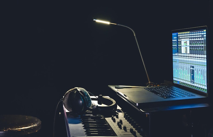 無料Photo midi キーボード ヘッドフォンと、音楽を作成するためのプログラムがインストールされたラップトップ