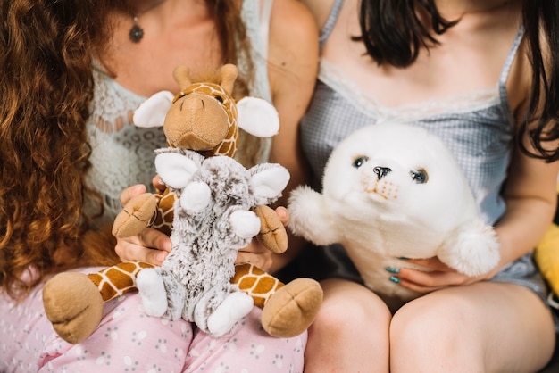 Midsection view of two female friends holding soft toy