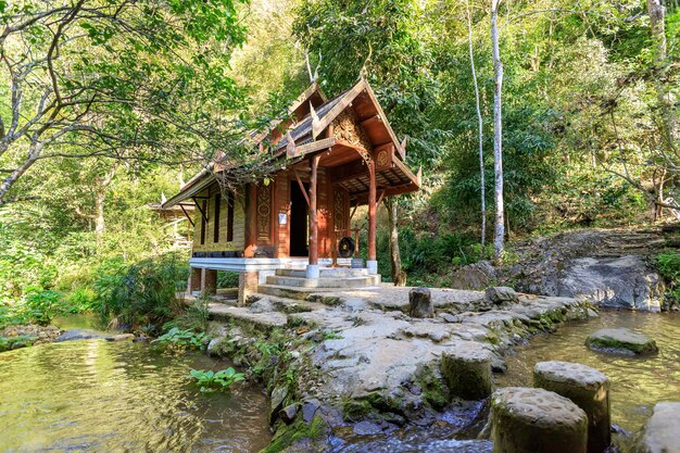 Midstream chapel at Wat Khantha Phueksa temple in Mae Kampong village Chiang Mai Thailand