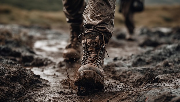 Free photo military men hiking through muddy forest terrain generated by ai