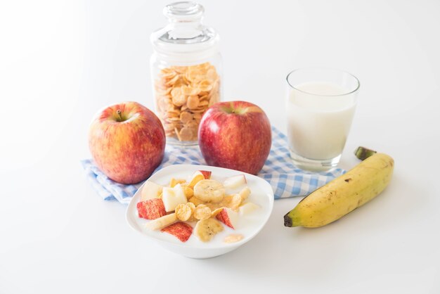 milk, apple, banana and cornflakes