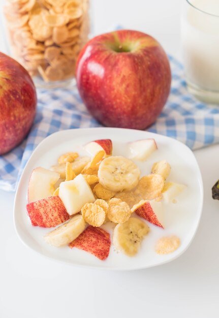 milk, apple, banana and cornflakes