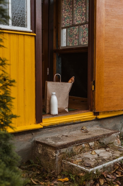 Milk bottle and food bag arrangement