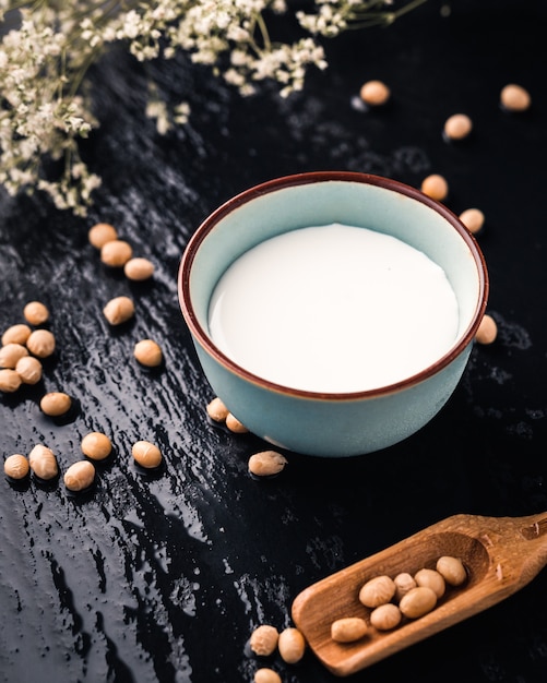 Milk bowl and soybean legume Free Photo