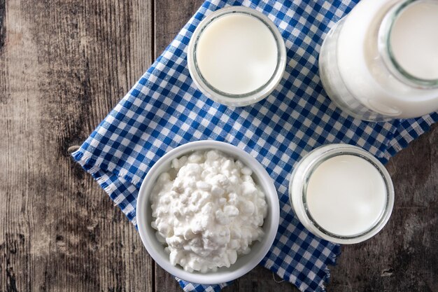 Milk kefir drink on wooden table