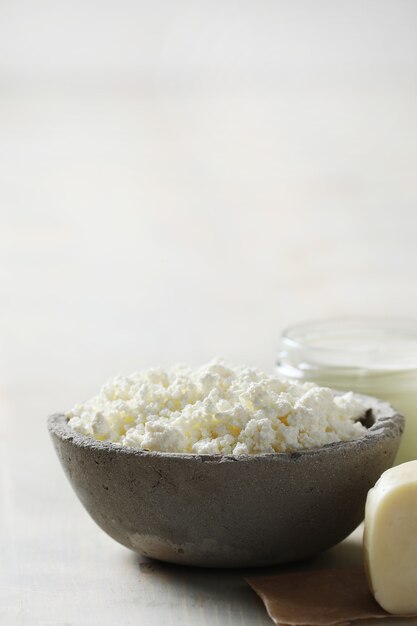 Milk products on wooden table