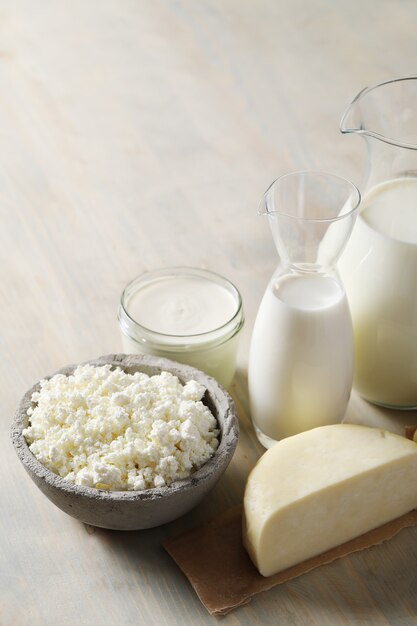 Milk products on wooden table