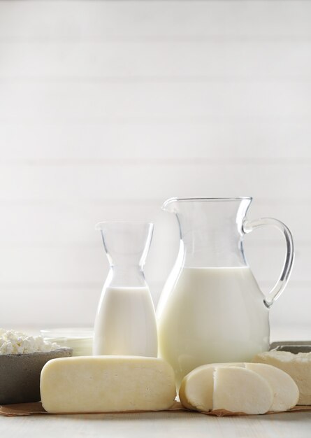 Milk products on wooden table