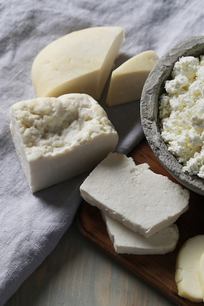 Milk products on wooden table