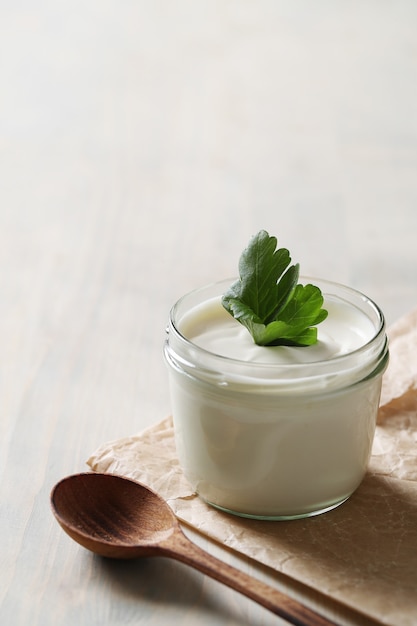 Milk products on wooden table