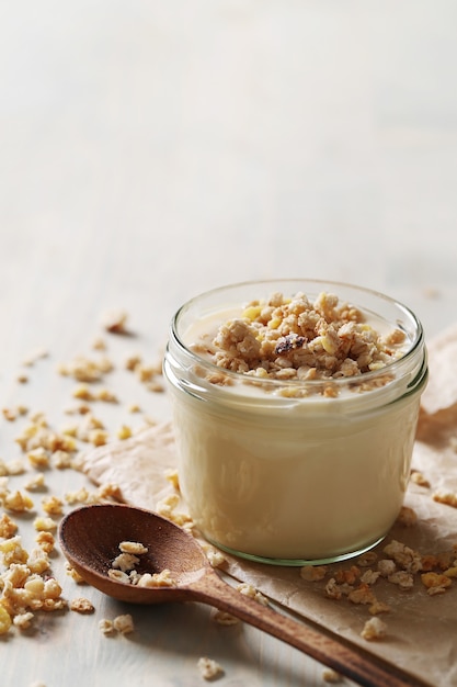 Milk products on wooden table