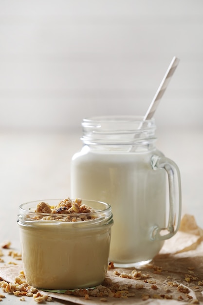 Milk products on wooden table