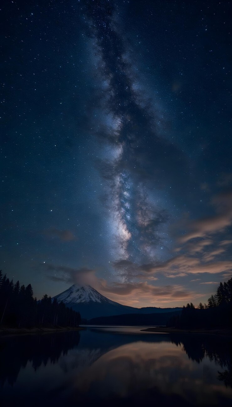 無料Photo 夜の山と湖の上のミルキーウェイ