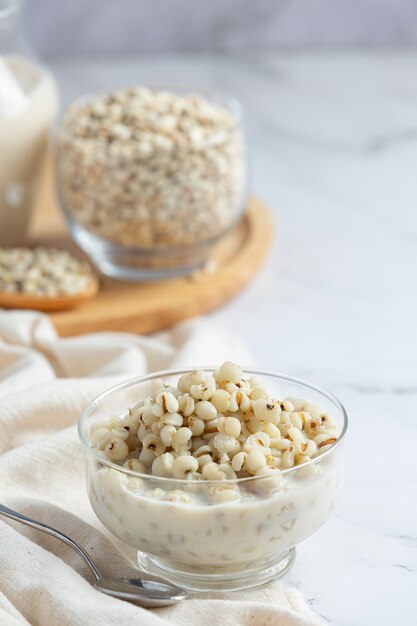 Millet coconut milk dessert in glass bowl