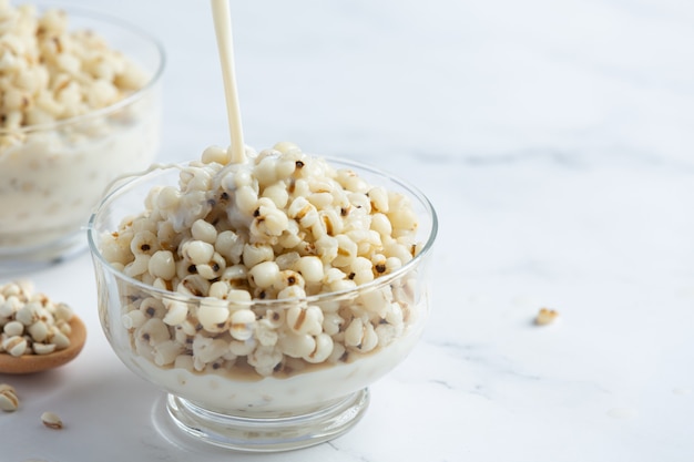 Millet coconut milk dessert in glass bowl