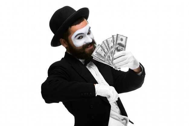 Mime as a businessman screaming with delight