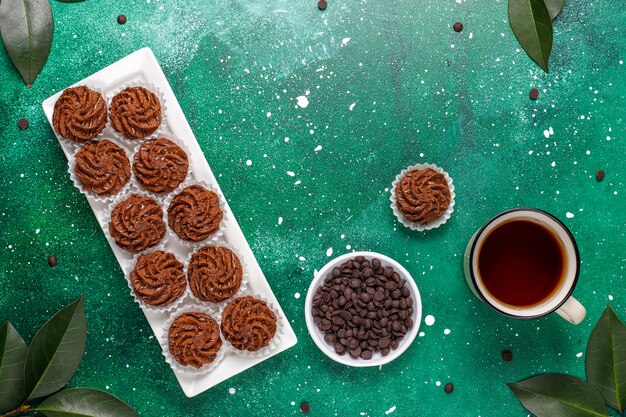 Mini cakes truffles with chocolate drops and cocoa powder