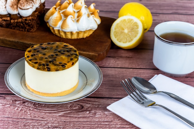 Mini chocolate, lemon pie and passion fruit cake.