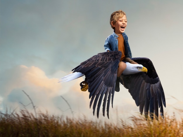 Miniature adventure with boy on eagle