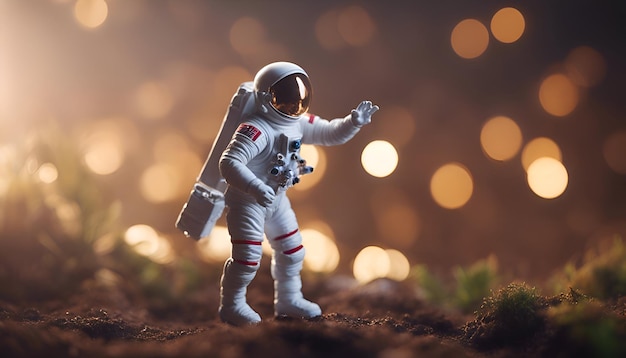 Free photo miniature astronaut on the ground with bokeh background