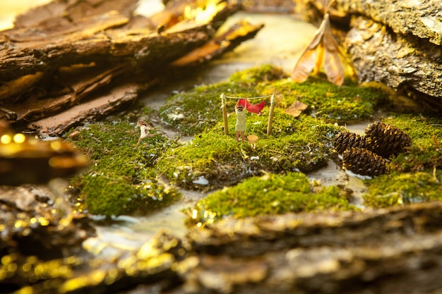 Miniature people on background of moss and bark