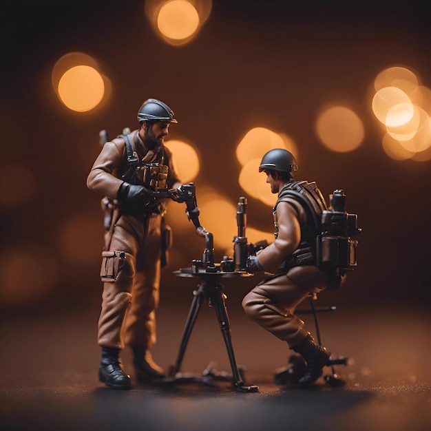 Free photo miniature soldiers with gun on the background of bokeh lights