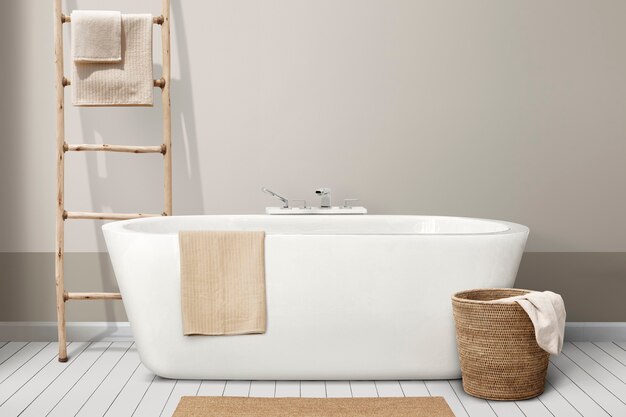 Free photo minimal bathroom interior design with wooden furniture
