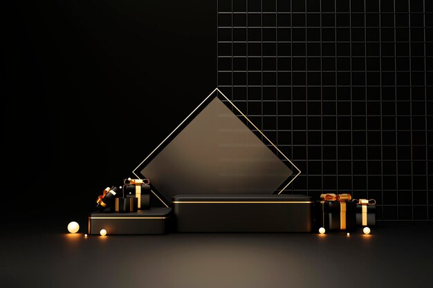 Minimal black and gold luxury podium pedestal product display and gift box background 3d rendering