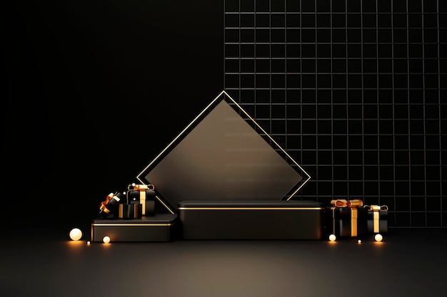 Minimal black and gold luxury podium pedestal product display and gift box background 3d rendering