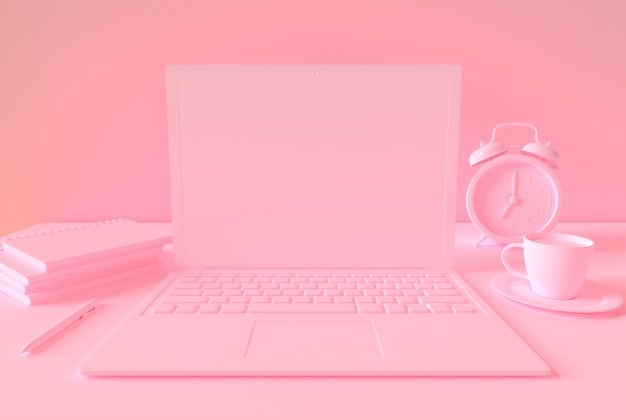 Minimal concept, laptop on table work desk pink pastel color