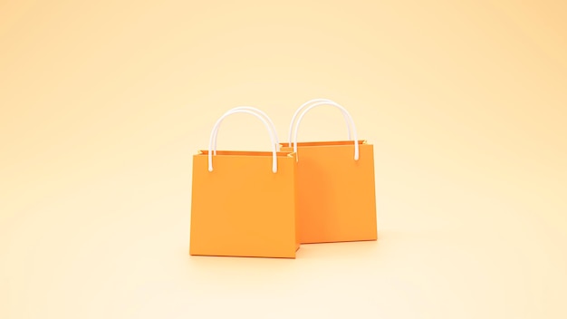 최소한의 쇼핑백 패키지 배너 기호 또는 기호 쇼핑 개념 오렌지 배경 3d 렌더링