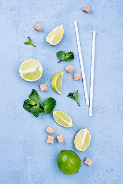 Minimalist assortment of different ingredients on blue background