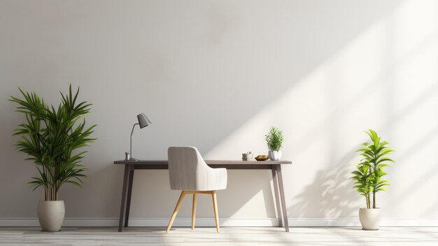 A minimalist home office with a white desk a green plant and ample natural light