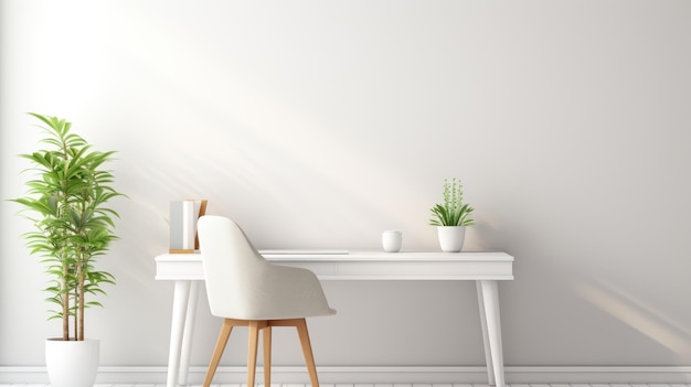 Минималистский домашний офис с белым столом, зеленым растением и достаточным естественным освещением.