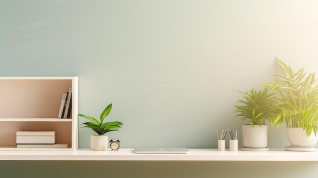 In the minimalist home office you'll find a white desk a green plant and abundant natural light