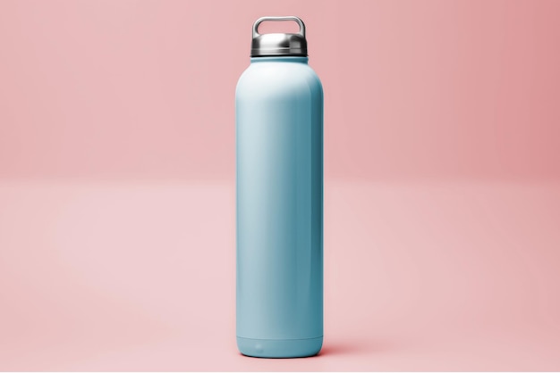 Minimalist photo of metallic turquoise thermos bottle on light pink background