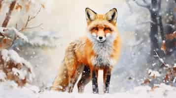 Free photo a minimalist watercolor painting with a fox in winter style