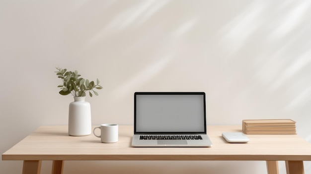 A minimalist white desk with a laptop coffee mug and notebook