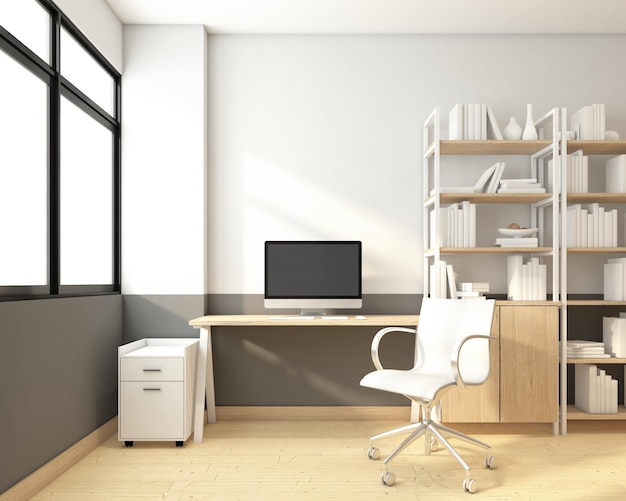 Minimalist workspace room with table and chair desktop computer picture frame 3d rendering