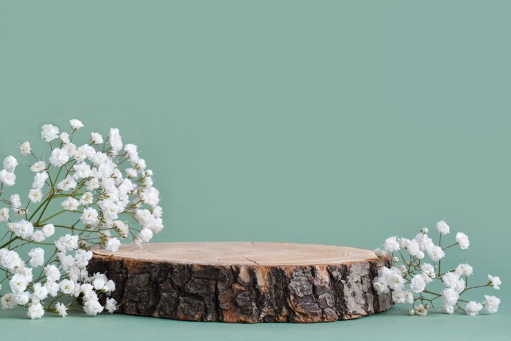 A minimalistic scene of a felled tree lies with flowers on a natural background. Premium Photo