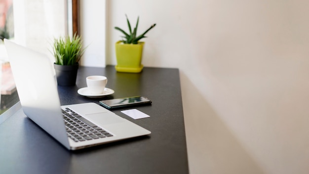 Foto gratuita luogo di lavoro minimalista con laptop e piante