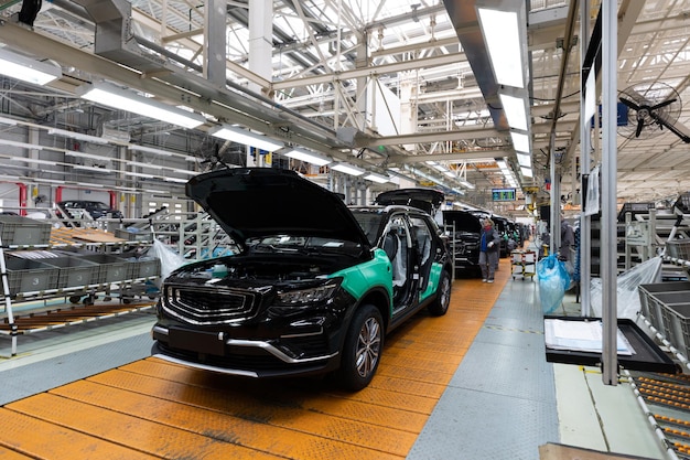 Minsk Belarus Dec 15 2021 Photo of modern car assembly plant Interior of a hightech factory of new automobiles