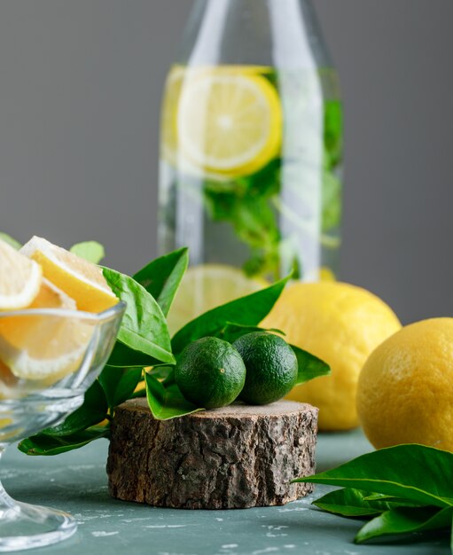 레몬 잎 민트 감귤 물, 석고와 회색 표면에 병에 나무 보드
