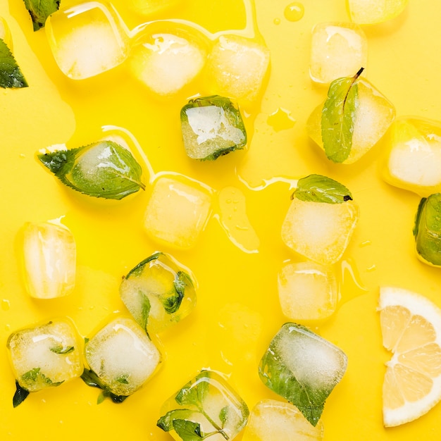 Mint leaves in ice cubes and lemon